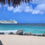 Cruise ship appraoching dock at the Oranjestad terminal in Aruba